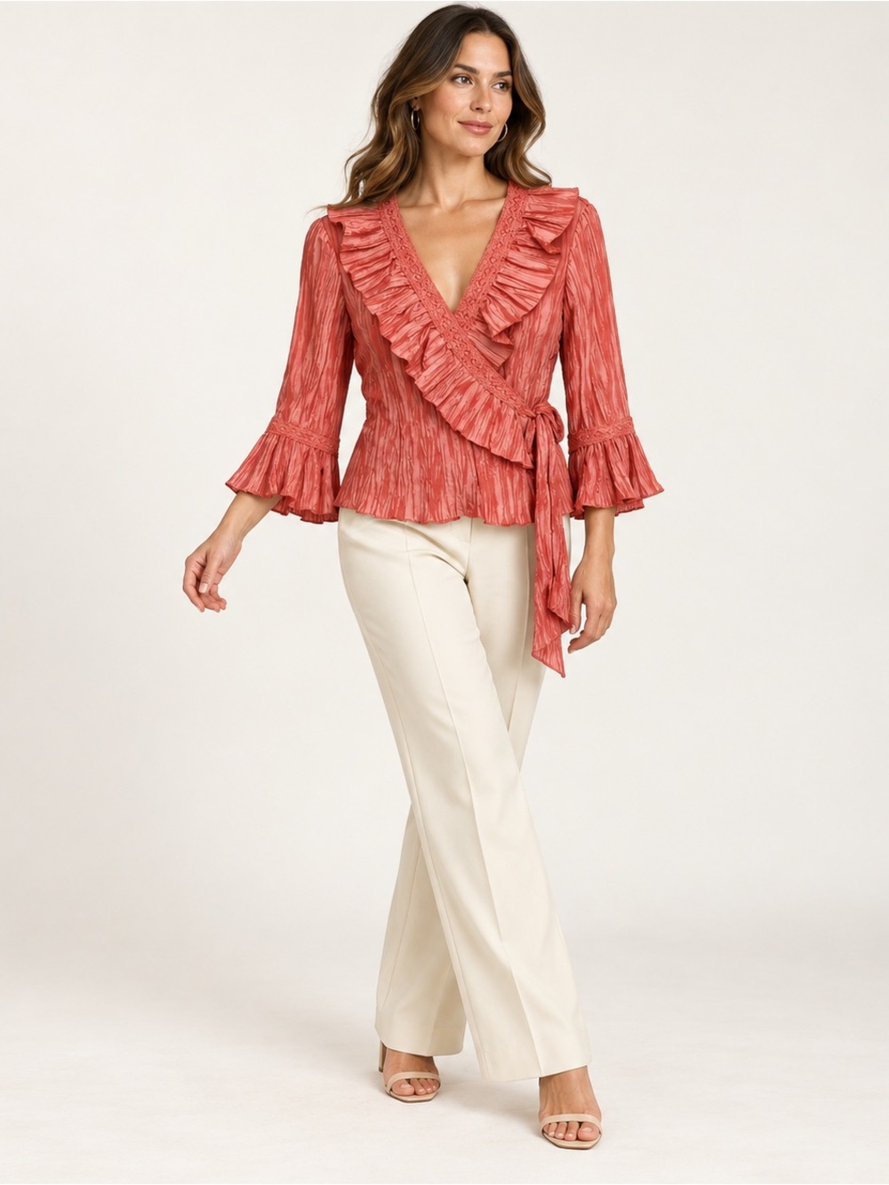 Vintage Jackie Jon Coral Ruffle Wrap Blouse Jacket Size 10 Bell Sleeve